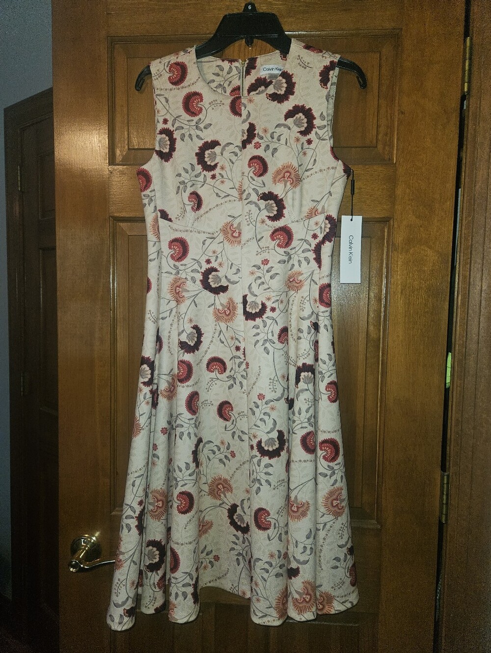 Calvin Klein Cream Midi Dress with Red and Burgundy Floral Print